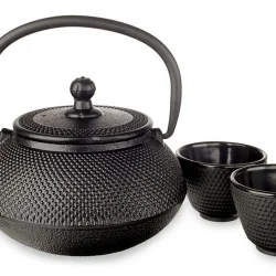 Chinese Cast Iron Designer Large Hand Made Black Tea Pot(600ml) & Steel Infuser with Two Matching Cups(50ml each), Gift