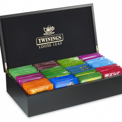 Twinings Wooden Black Tea Chest Box, 8 Compartment, comes with 80 Twinings Pyramid Loose Leaf tea bags. Caddy