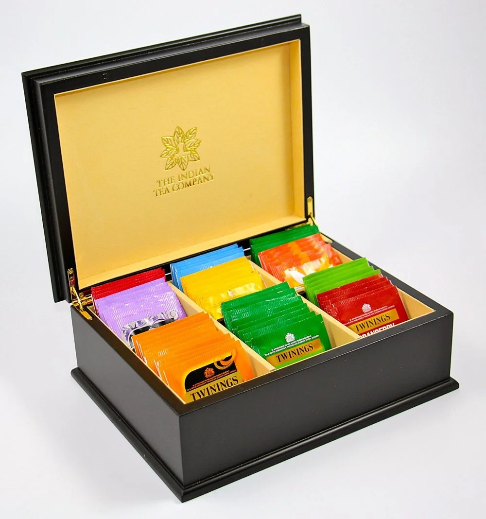 Indian Tea Company ITC 6 Compartment Black Wooden Tea Chest, Cream Velvet with 60 Twinings Tea Bags