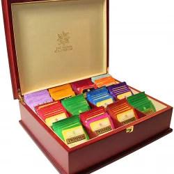 Indian Tea Company ITC Luxury Wooden Mahogany Finish Tea Chest, Cream Velvet inside, 12 Compartment with 100 Twinings tea bags