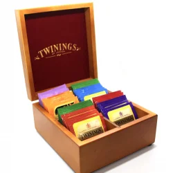 Twinings Tea Chest Box 4 Compartment, Oak Wood Finish, Red Velvet inside, comes with 40 Twinings tea bags. Caddy