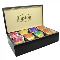 Lipton 8 Compartment Black Wooden Tea Chest, Cream Velvet with 80 Lipton Tea Bags