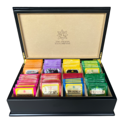 Indian Tea Company Luxury 8 Compartment Black Wood Tea Chest Cream Velvet with 80 Twinings Tea Bags